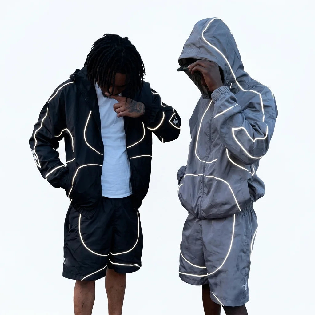 Two Men Wearing High Quality Custom Logo Reflective Nylon Tracksuit